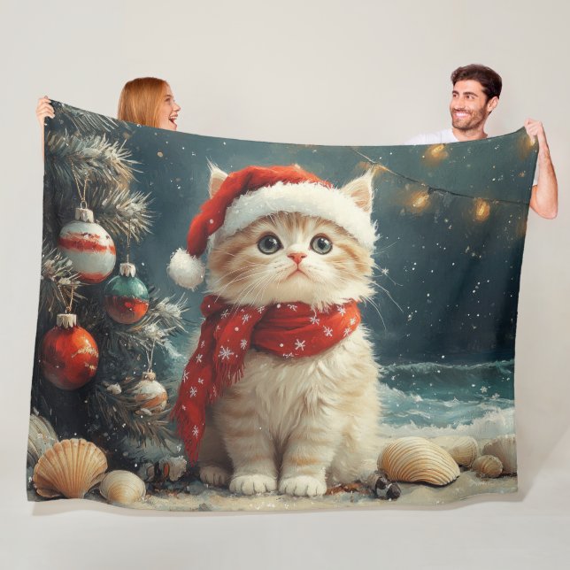 Persian Cat  Christmas Vintage Beach  Fleece Blanket (In Situ)