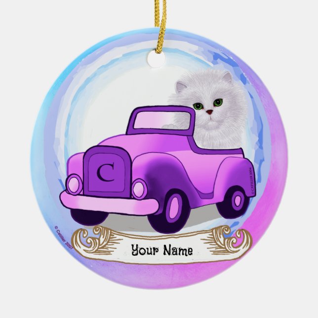 Persian Cat Driving Car  Ceramic Ornament (Front)