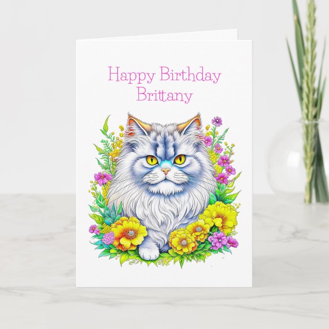 Persian Cat Flowers Personalized Birthday Card (Front)