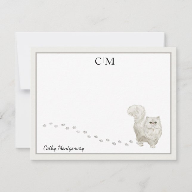 Persian Cat Grey Border Monogram Name Note Card (Front)