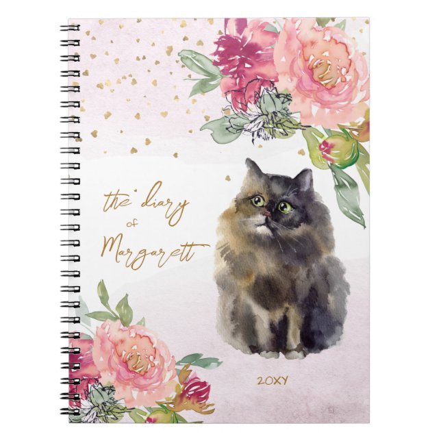 Persian Cat Illustration Flowers Girl Daily Diary Notebook (Front)