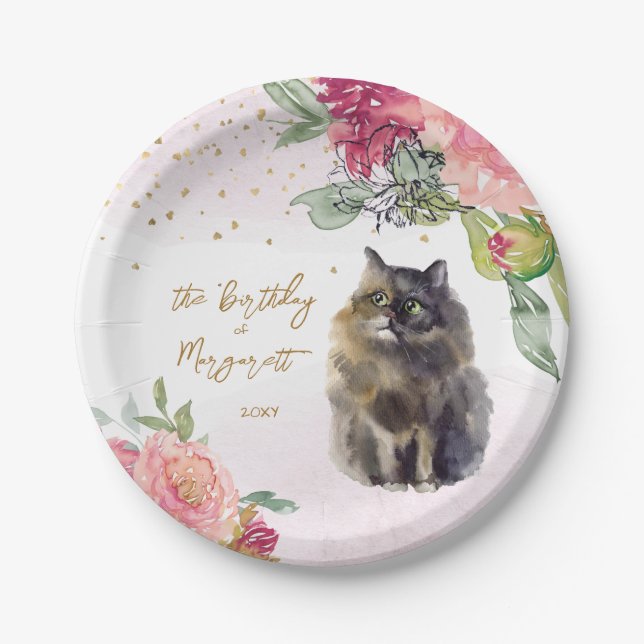 Persian Cat Illustration Happy Birthday Girl Party Paper Plate (Front)