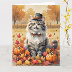 Persian Cat In Autumn Leaves Thanksgiving Art Card
