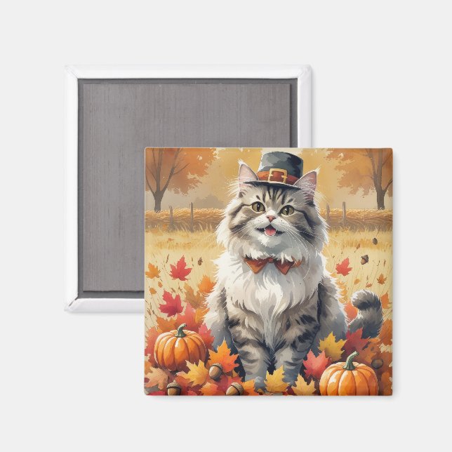 Persian Cat In Autumn Leaves Thanksgiving Art Magnet (Front/Back)