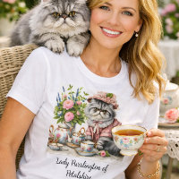 Persian Cat in Floral Hat Pearls at Tea Party