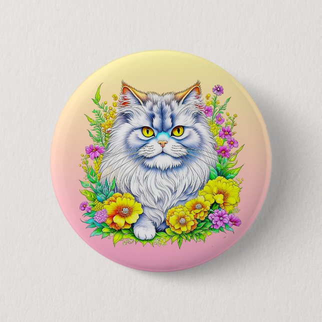 Persian Cat in Flowers Personalized 2 Inch Round Button (Front)