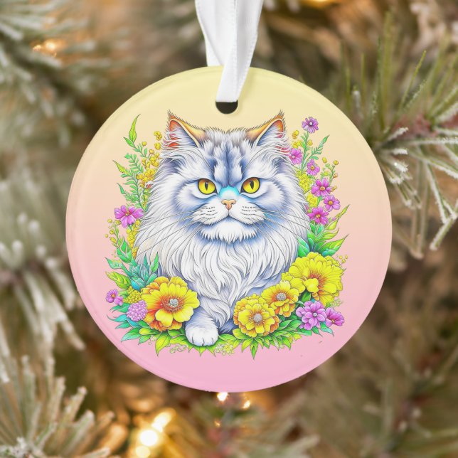 Persian Cat in Flowers Personalized Christmas Ornament (Tree)