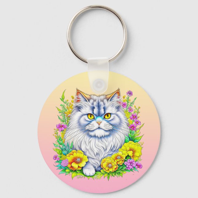 Persian Cat in Flowers Personalized Keychain (Front)