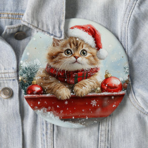 Persian Cat in Sledge Let it Snow Christmas 6 Inch Round Button