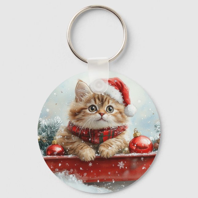 Persian Cat in Sledge Let it Snow Christmas Keychain (Front)
