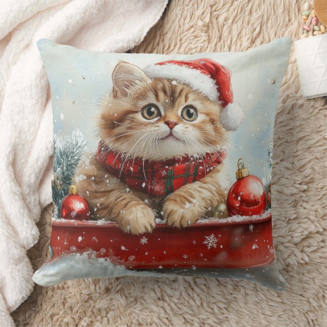 Persian Cat in Sledge Let it Snow Christmas Throw Pillow (Blanket)