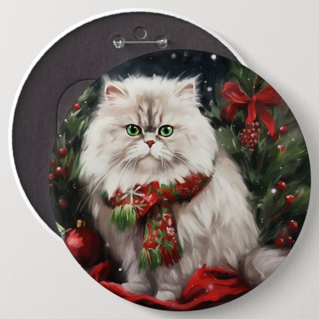 Persian Cat in Snow Christmas 6 Inch Round Button (Front & Back)