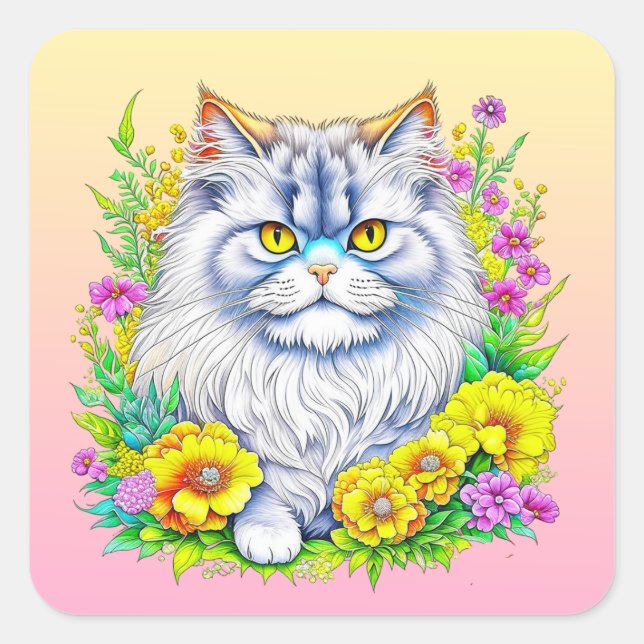 Persian Cat in Yellow and Pink Flowers Square Sticker (Front)