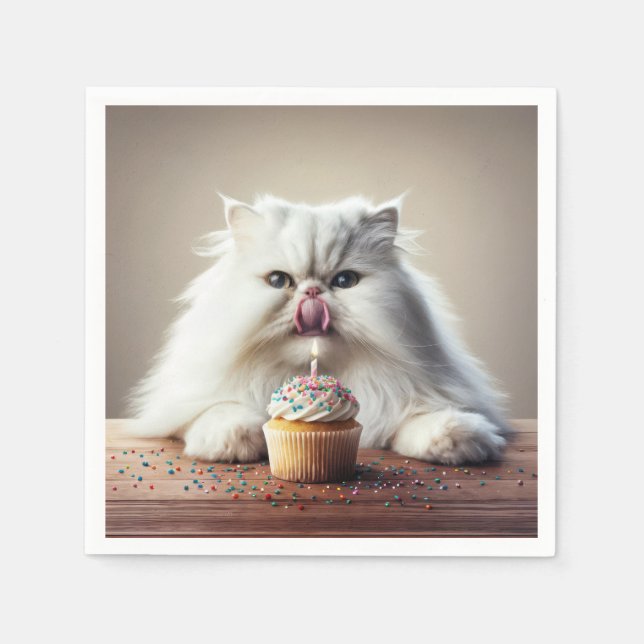 Persian Cat Licking a Birthday Cupcake Napkin (Front)