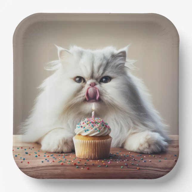 Persian Cat Licking a Birthday Cupcake Paper Plate (Front)