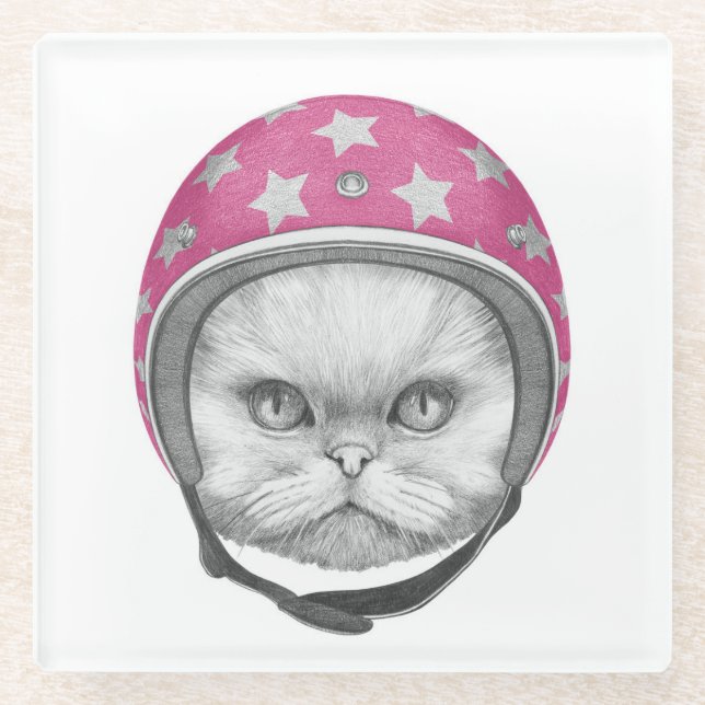 Persian Cat Motorcycle Rider Glass Coaster (Front)