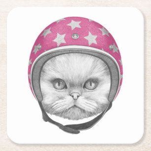 Persian Cat Motorcycle Rider Square Paper Coaster