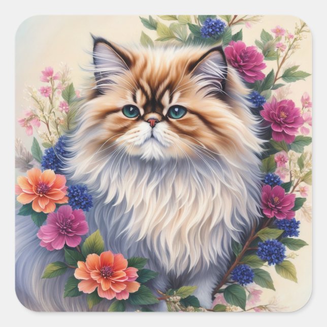Persian Cat Multicolor Flowers Square Sticker (Front)