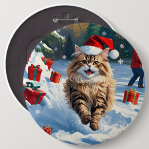 Persian Cat Sitting in Snow with Christmas Hat 6 Inch Round Button