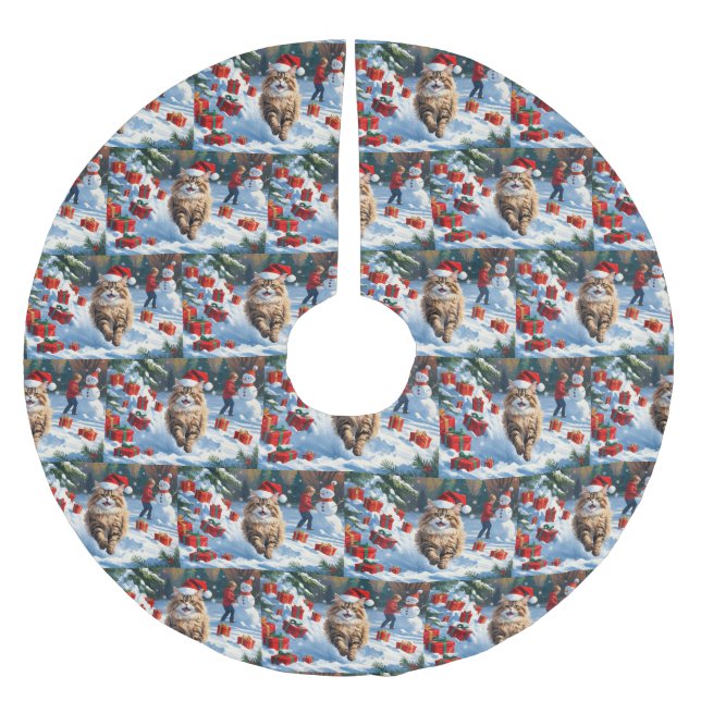 Persian Cat Sitting in Snow with Christmas Hat Brushed Polyester Tree Skirt (Front)