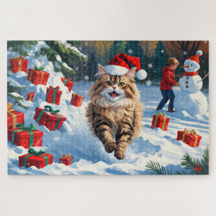 Persian Cat Sitting in Snow with Christmas Hat Jigsaw Puzzle