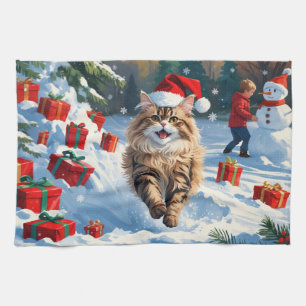 Persian Cat Sitting in Snow with Christmas Hat Kitchen Towel