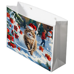 Persian Cat Sitting in Snow with Christmas Hat Large Gift Bag