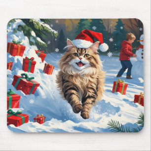 Persian Cat Sitting in Snow with Christmas Hat Mouse Pad