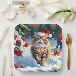 Persian Cat Sitting in Snow with Christmas Hat Paper Plate