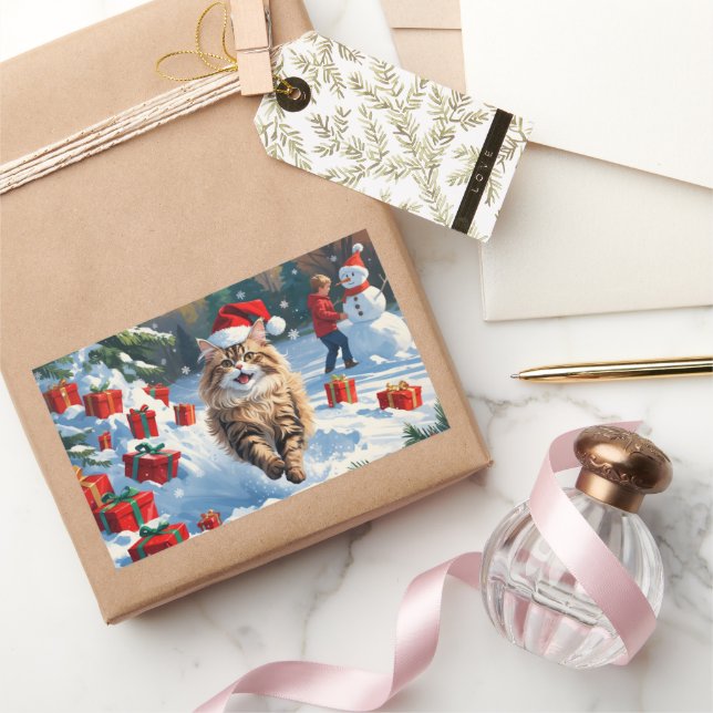 Persian Cat Sitting in Snow with Christmas Hat Sticker (Gifting)