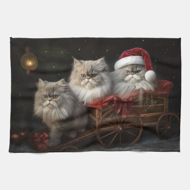Persian Cat Snowy Sleigh Christmas Decor Kitchen Towel (Horizontal)