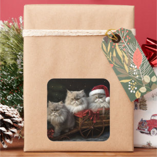 Persian Cat Snowy Sleigh Christmas Decor Square Sticker
