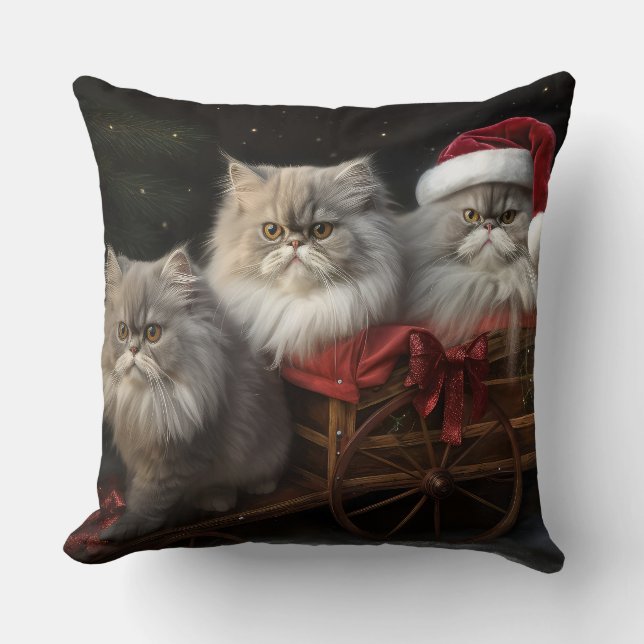 Persian Cat Snowy Sleigh Christmas Decor Throw Pillow (Front)