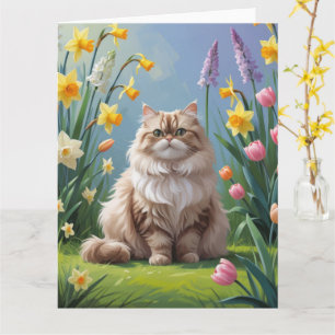 Persian Cat Spring Flowers Painting Card