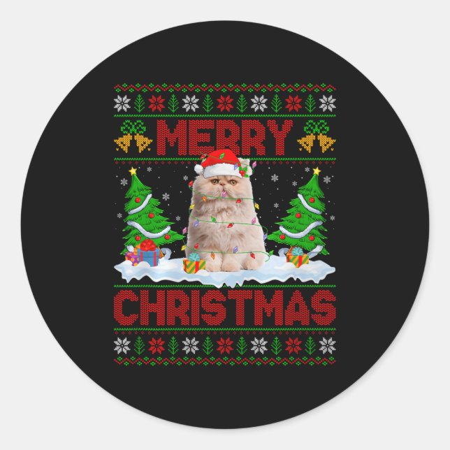 Persian Cat Ugly Xmas Sweater Funny Animal Lights  Classic Round Sticker (Front)