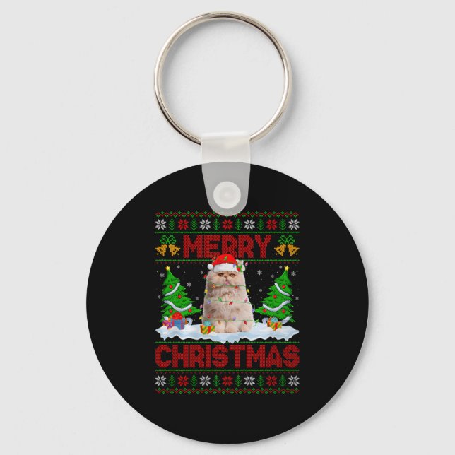 Persian Cat Ugly Xmas Sweater Funny Animal Lights  Keychain (Front)
