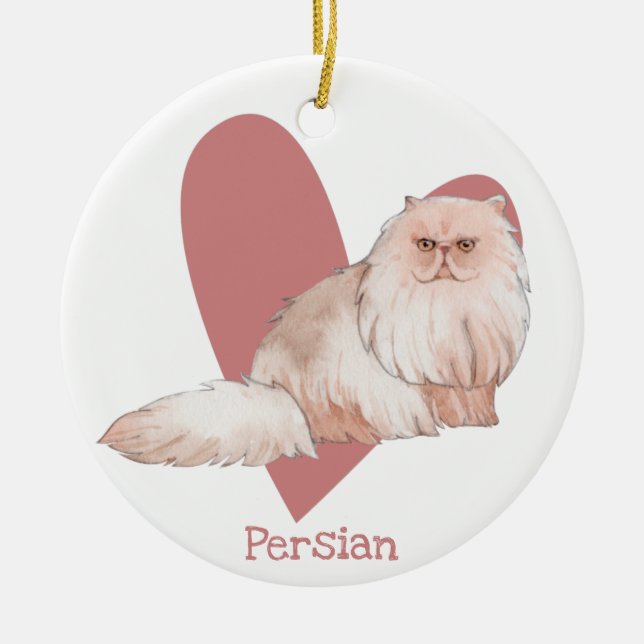Persian Cat Watercolor Kitty Pink Heart Ceramic Ornament (Front)