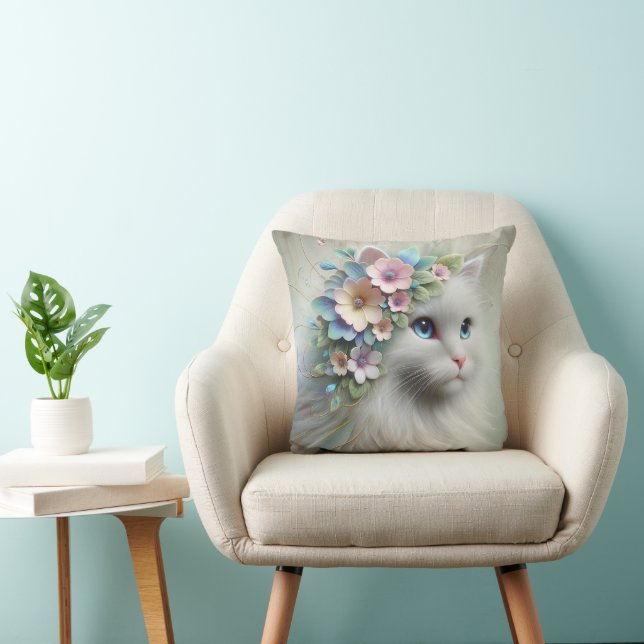 Persian Cat With Floral Laurel Throw Pillow (Chair)