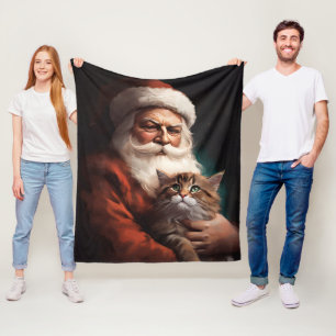 Persian Cat With Santa Claus Festive Christmas  Fleece Blanket