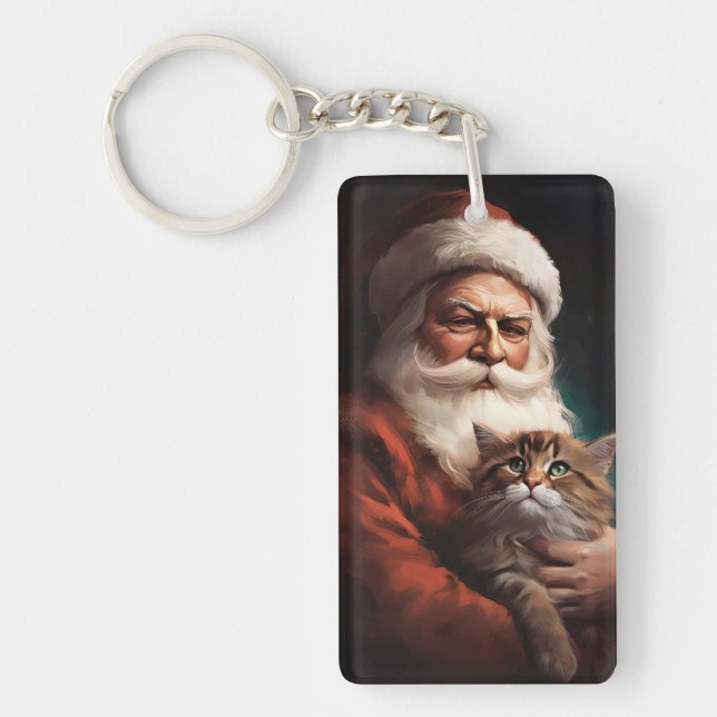 Persian Cat With Santa Claus Festive Christmas  Keychain (Front)