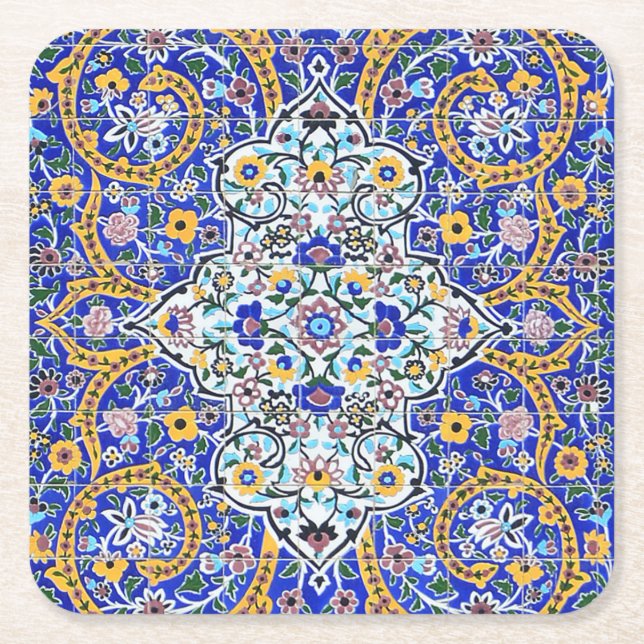 Persian elaborate tiled mural  square paper coaster (Front)