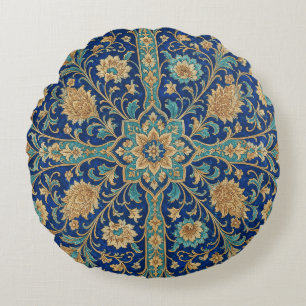 Persian Floral Arabesque Pattern Royal Blue  Round Pillow