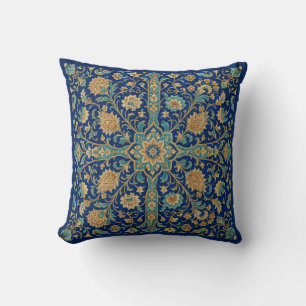 Persian Floral Arabesque Pattern Royal Blue Throw Pillow
