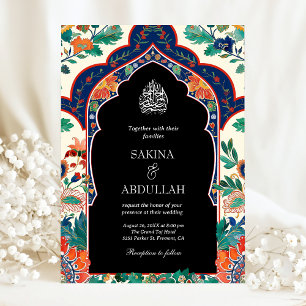 Persian Floral Inlay Black Muslim Wedding Invitation