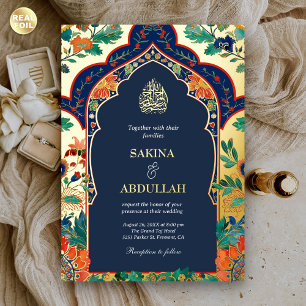 Persian Floral Inlay Navy Blue Muslim Wedding Gold