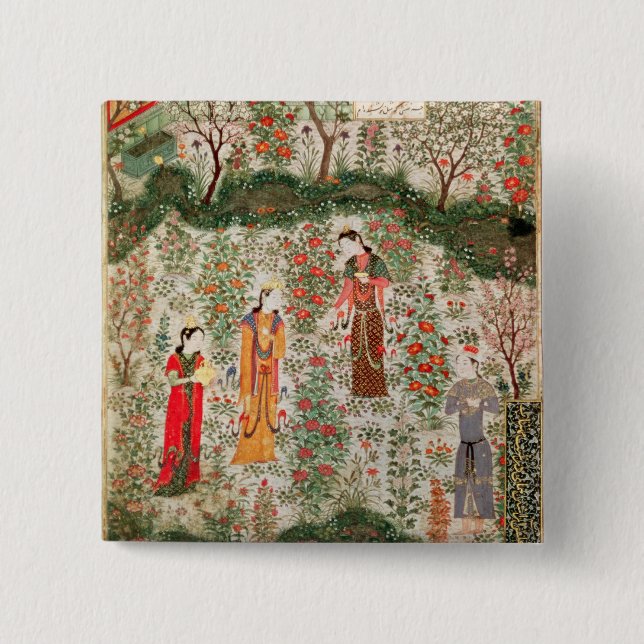 Persian Garden, 15th century (w/c on paper) 2 Inch Square Button (Front)