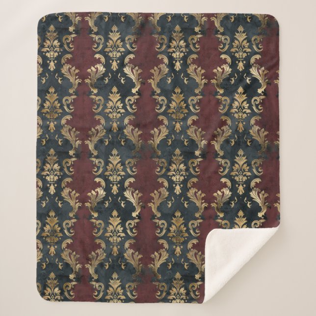 Persian Gold Damask Noir Pattern (1) Sherpa Blanket (Front)