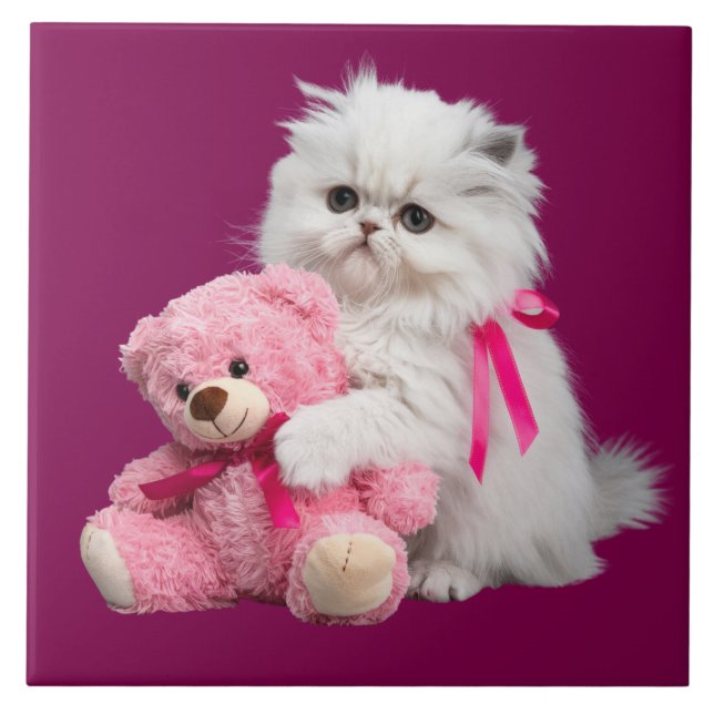 Persian Kitten and Teddy Bear Decorative Tile. Tile (Front)