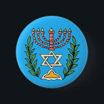Persian Magen David Menorah 2 Inch Round Button<br><div class="desc">This image was adapted from an antique Persian Jewish tile and features a menorah with a Magen David (Star of David) framed by olive branches.  The imperfections of the original,  hand-painted image have been preserved.</div>