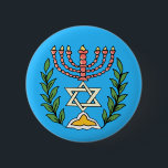 Persian Magen David Menorah 2 Inch Round Button<br><div class="desc">This image was adapted from an antique Persian Jewish tile and features a menorah with a Magen David (Star of David) framed by olive branches.  The imperfections of the original,  hand-painted image have been preserved.</div>